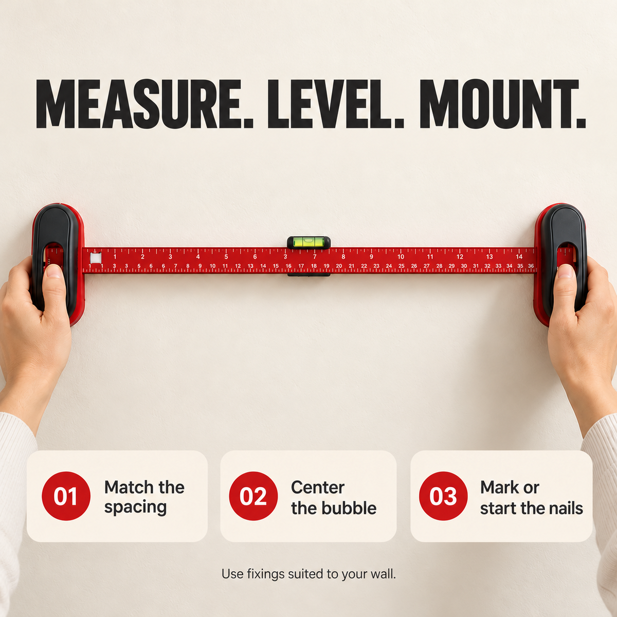 Measure, level and mount picture hanging reminders