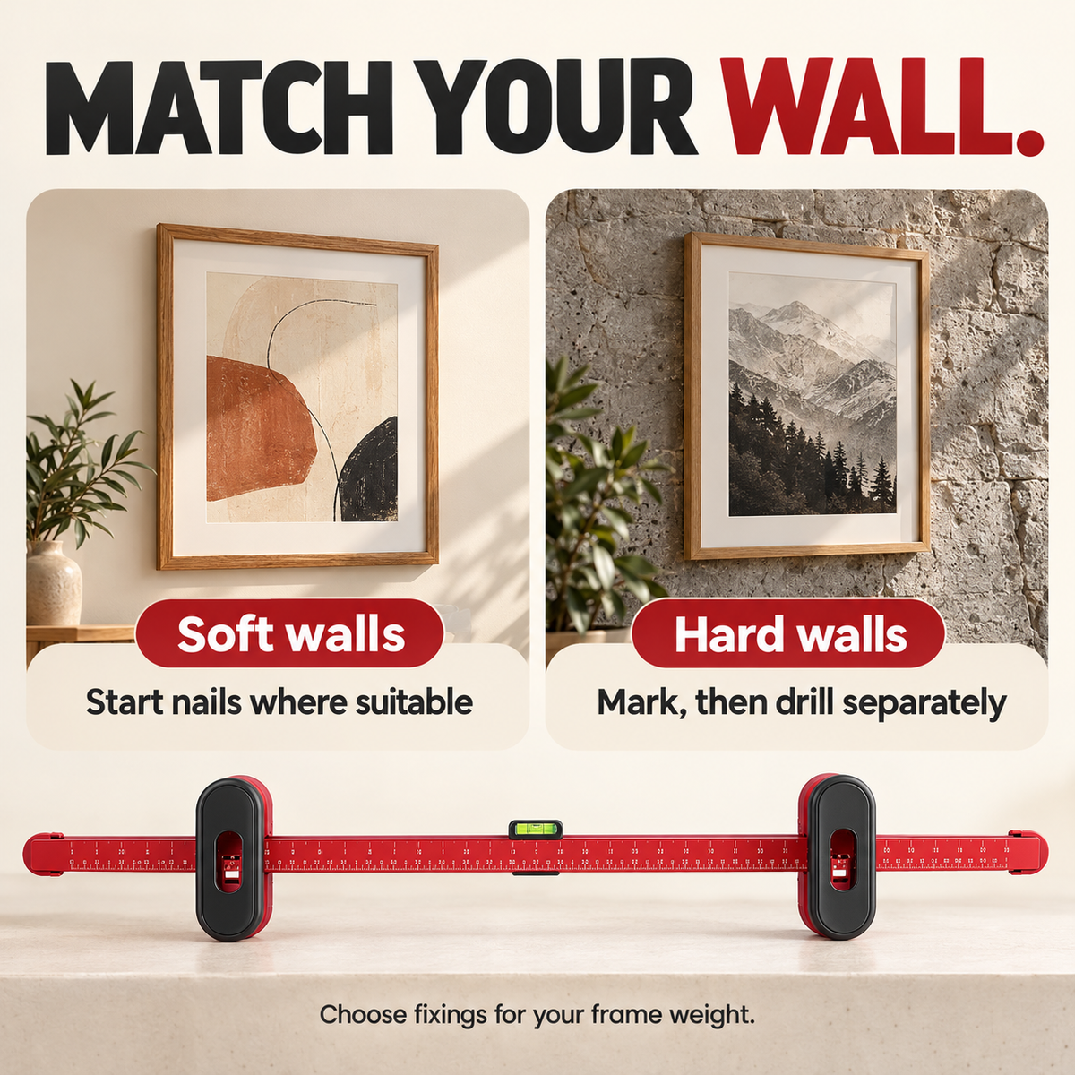 Different mounting approaches for soft and hard walls