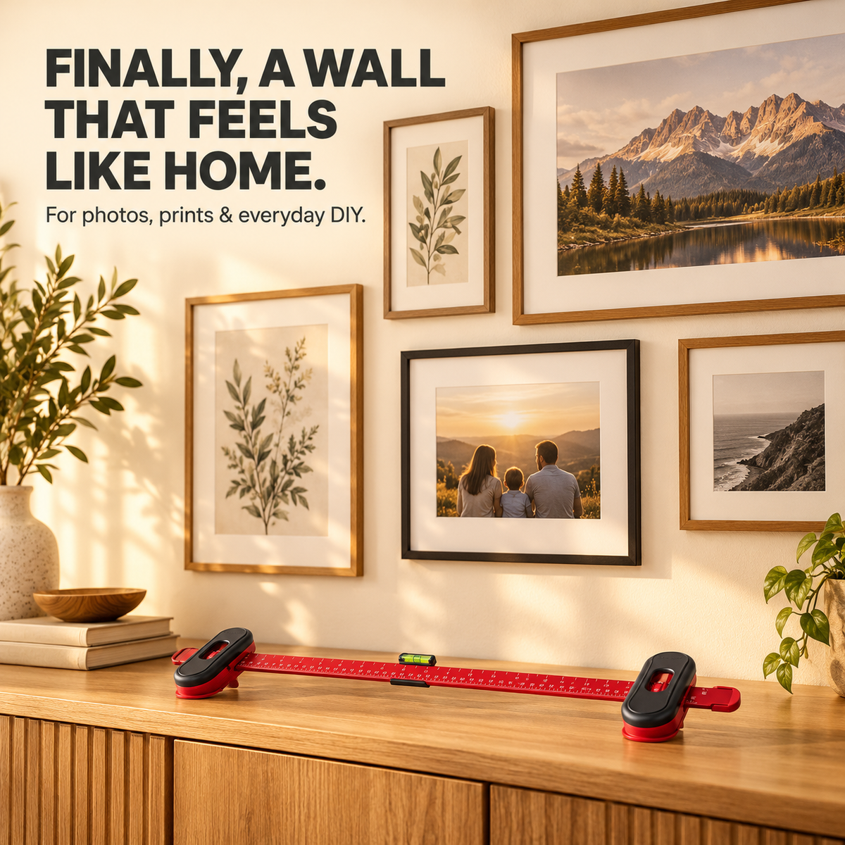 Finished gallery wall with framed photos and prints