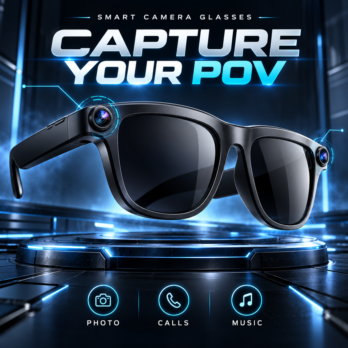 Tech-style smart camera glasses hero with two front camera modules