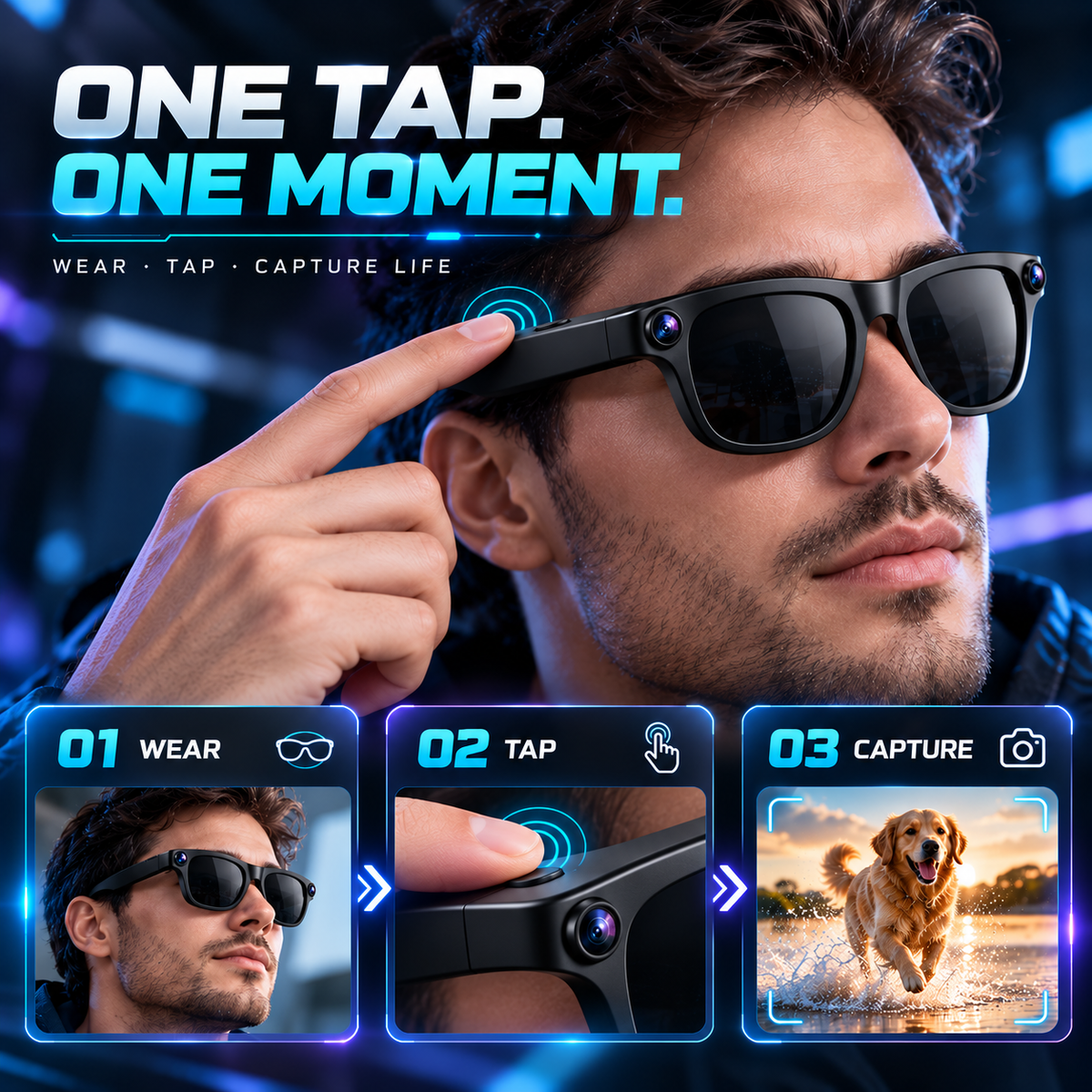 How to wear tap and capture with smart camera glasses