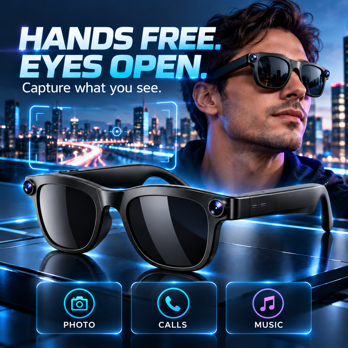 Smart glasses worn at blue hour with camera call and music graphics