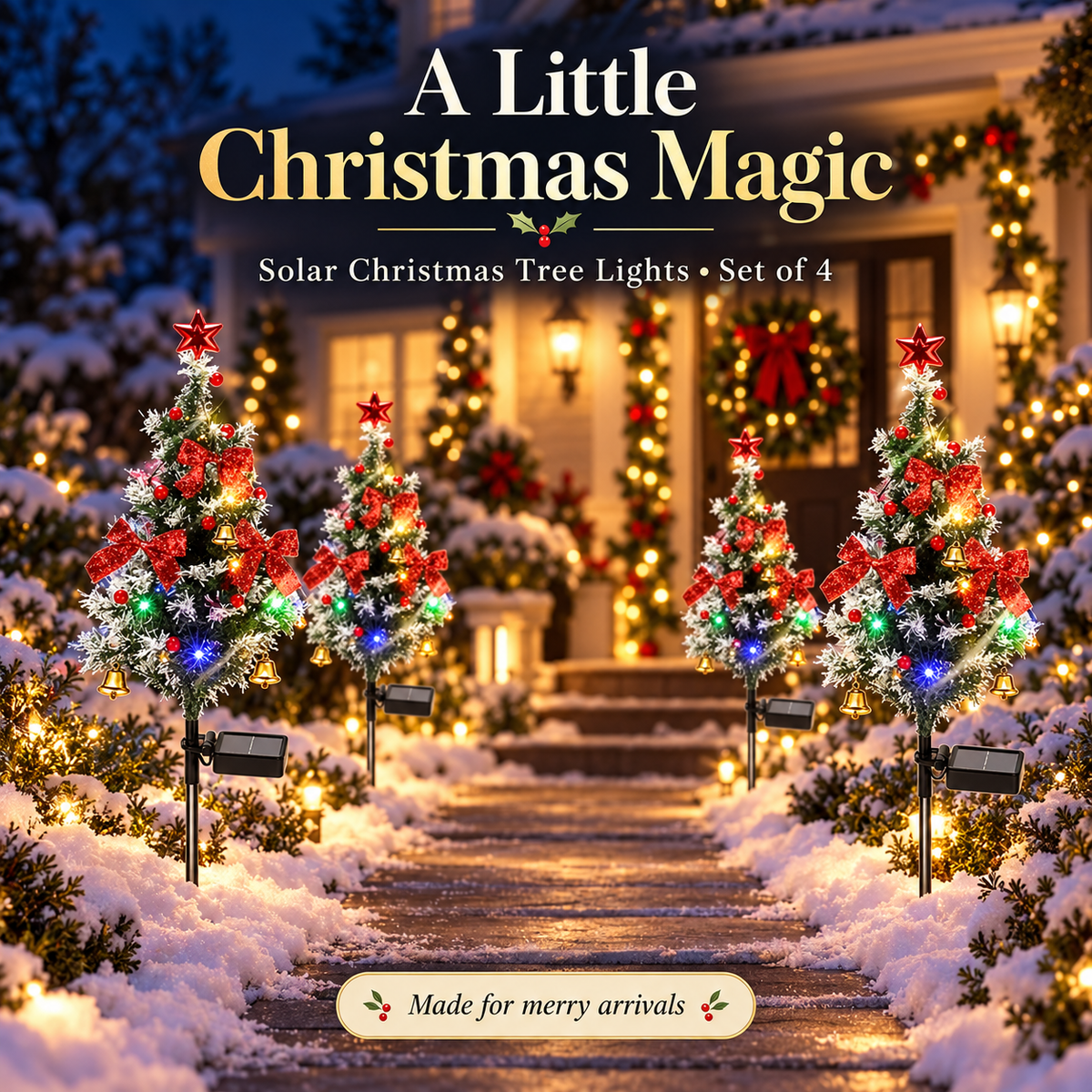 Four solar Christmas tree lights on a festive path