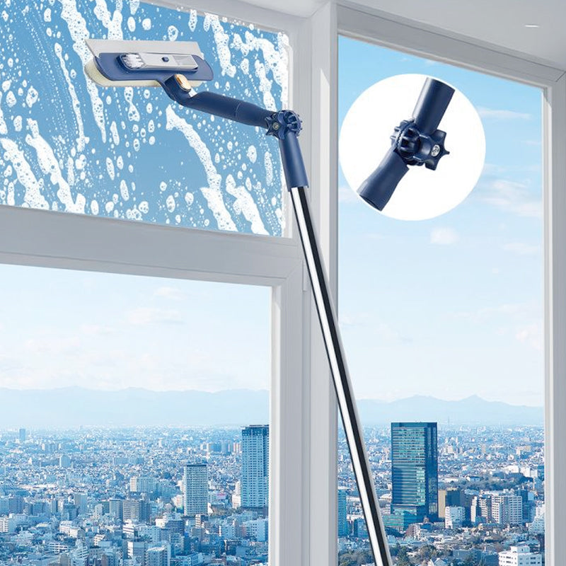 Adjustable joint on long reach window cleaning squeegee used against high glass