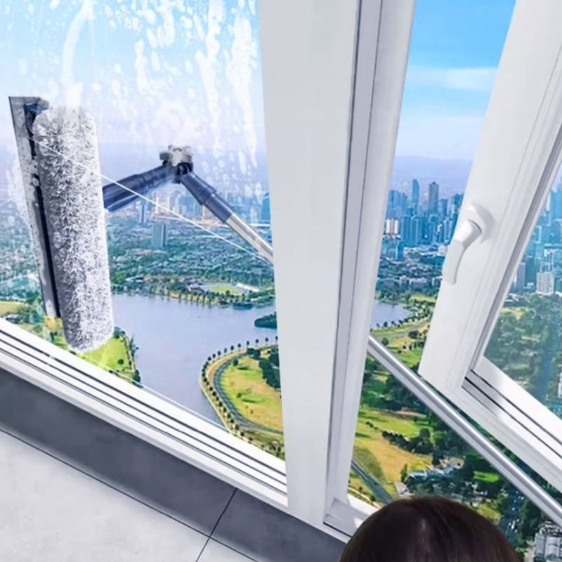 Window cleaning squeegee reaching the exterior side of an inward opening window from indoors