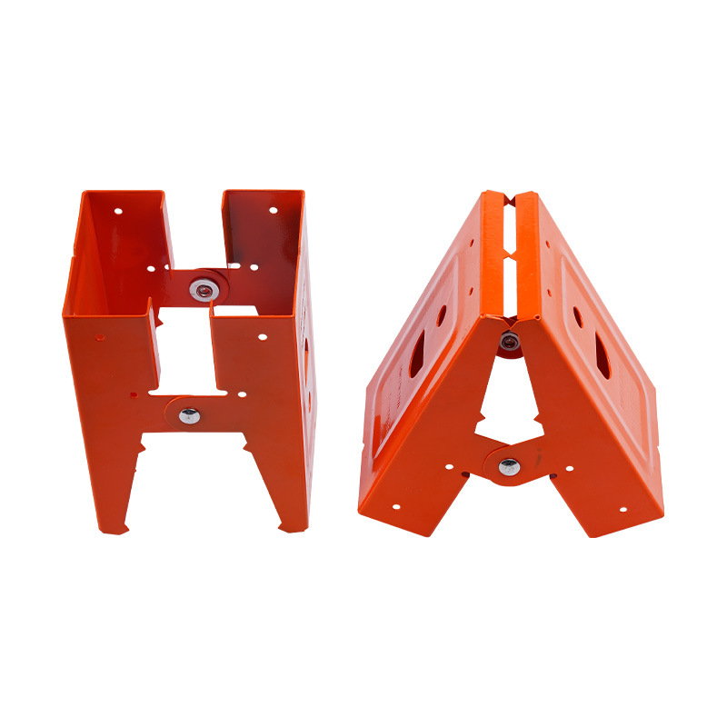 Front and folded views of two orange steel sawhorse brackets