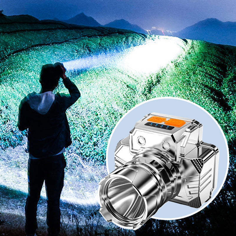 Headlamp illuminating outdoor terrain at night