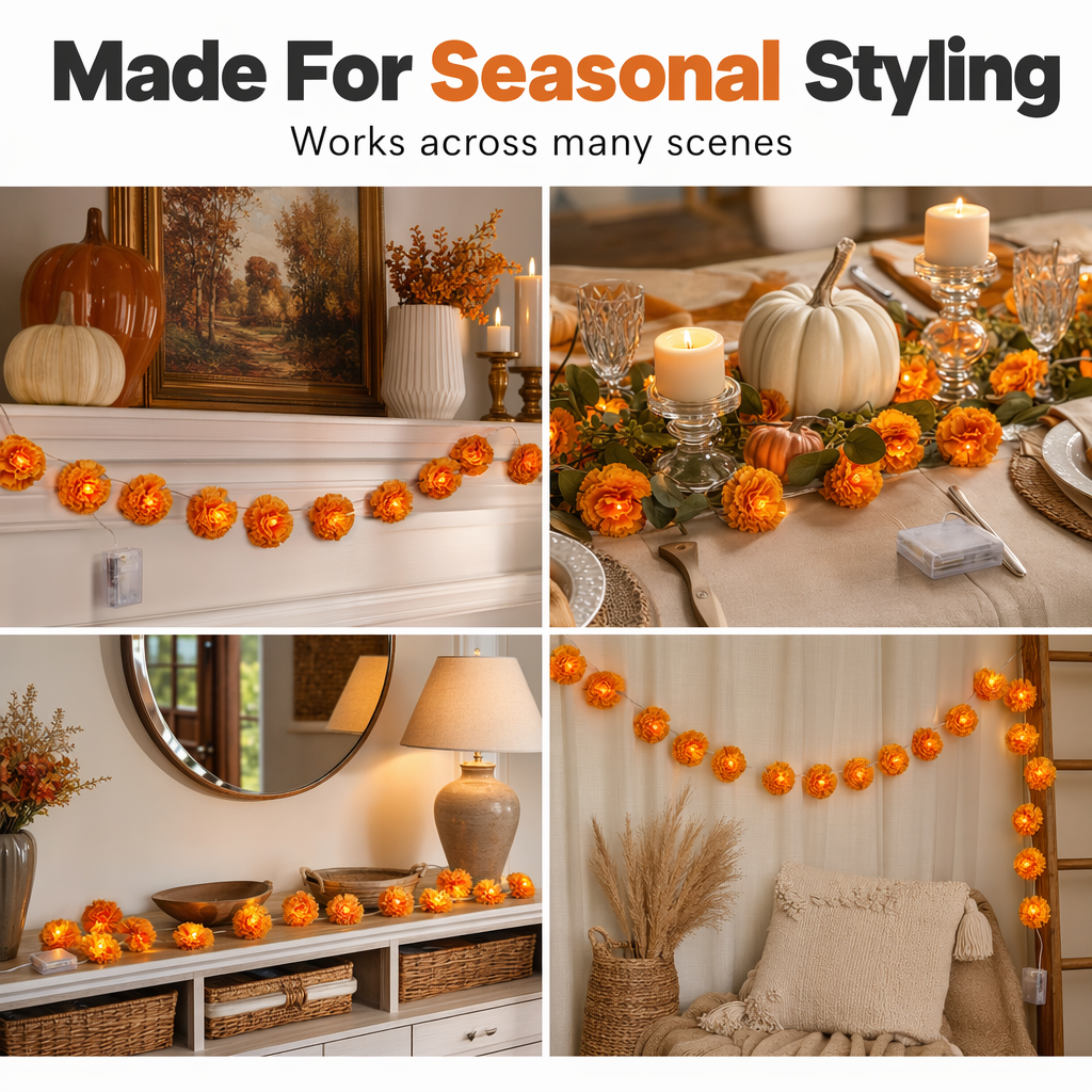 🏵️Marigold String Lights – Warm Orange LED Garland for Halloween & Fall Decor