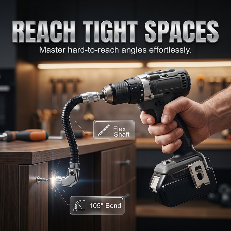 105 degree flexible right angle driver reaching a screw in a tight cabinet area
