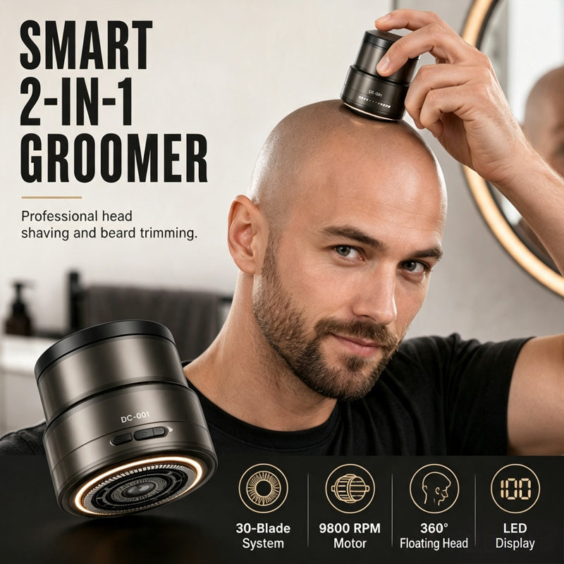 Black 2-in-1 smart electric head shaver and beard trimmer with digital display shown in use on a bald head