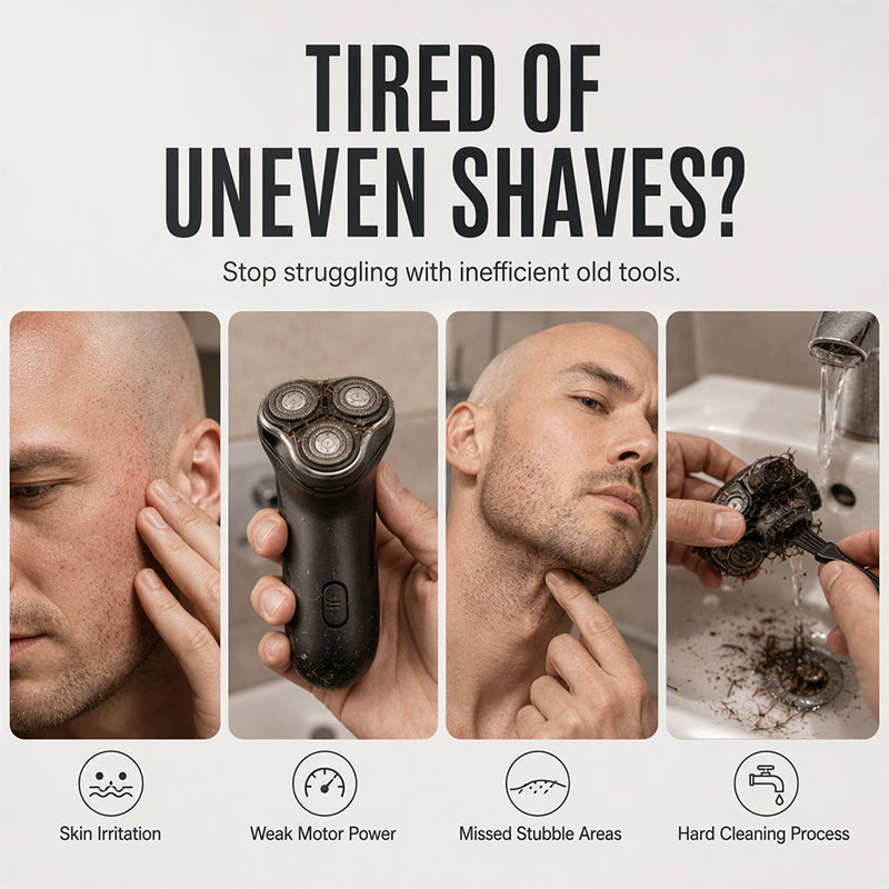 Common shaving frustrations including uneven results, missed stubble, skin discomfort and difficult shaver cleaning