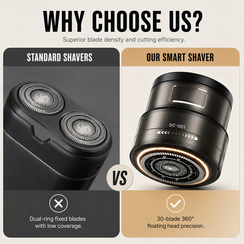 Side-by-side comparison of a conventional dual-ring rotary shaver and the 30-blade 360-degree floating-head smart shaver