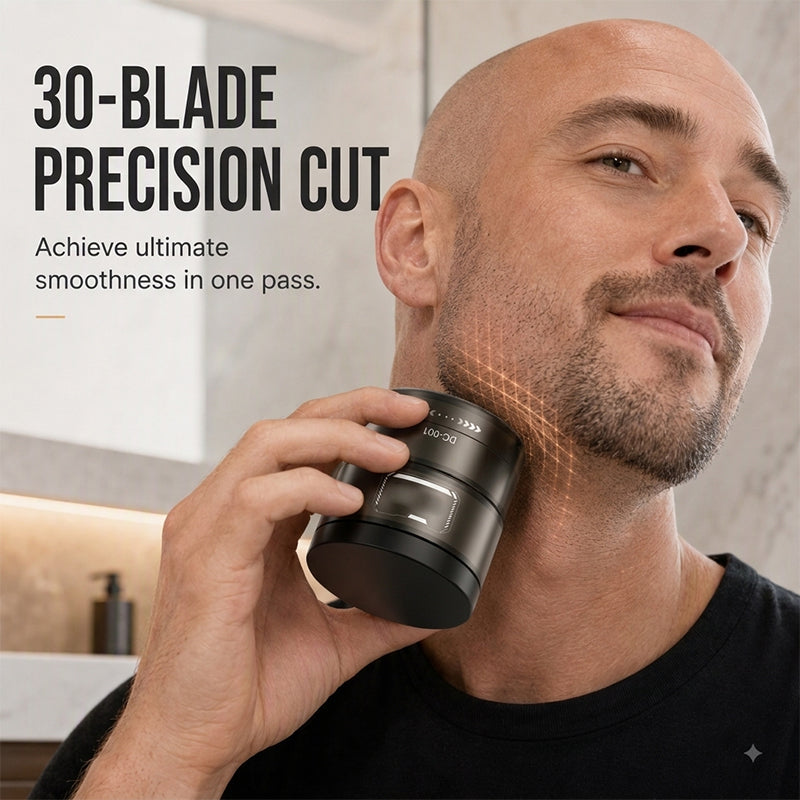 Man using the black 30-blade rotary electric shaver along his jaw with a close-up of the shaving head