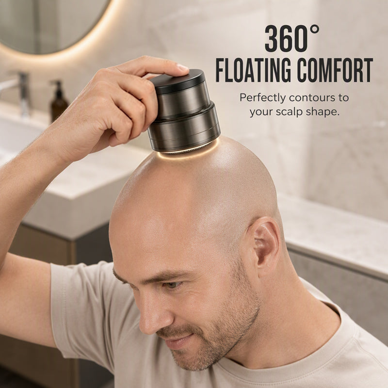 Close-up of a man using the 360-degree floating-head rotary shaver over the curved surface of his bald scalp