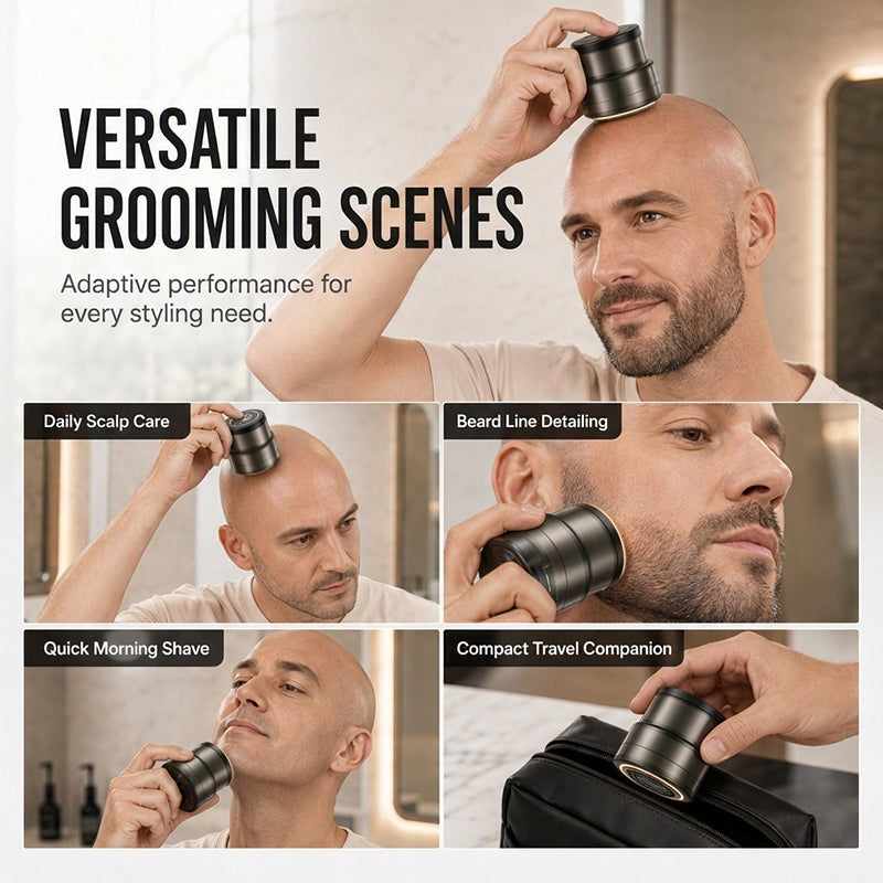 Multiple grooming scenes showing the compact black electric shaver used for head shaving, beard-line grooming and quick personal grooming