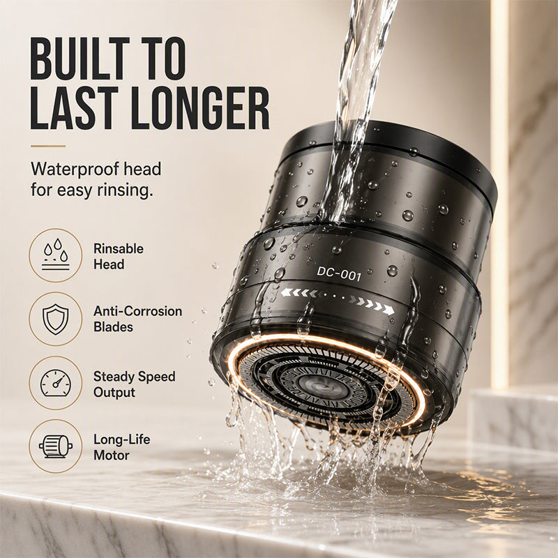 Electric rotary shaver cutter head being rinsed under running water, with cleaning and maintenance features illustrated
