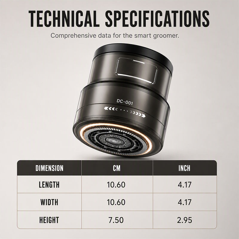 Technical specification graphic for the black smart electric head shaver showing overall dimensions