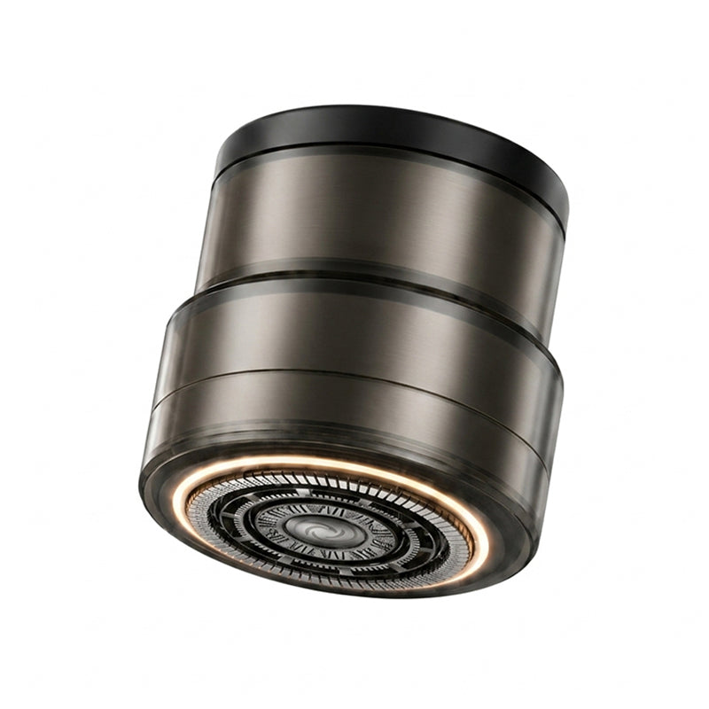 Studio product image of the black electric head shaver showing the front digital display, compact cylindrical housing and rotary cutting head