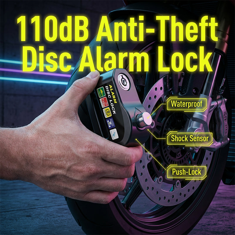 Alarm disc brake lock being installed on motorcycle brake rotor