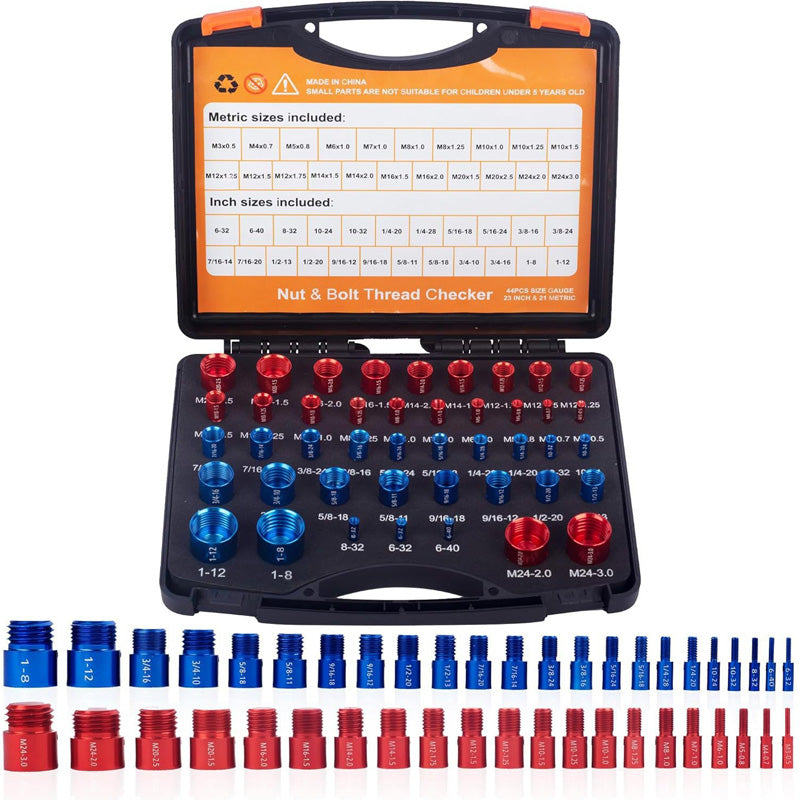44-piece red and blue metric and inch nut and bolt thread checker kit in portable case