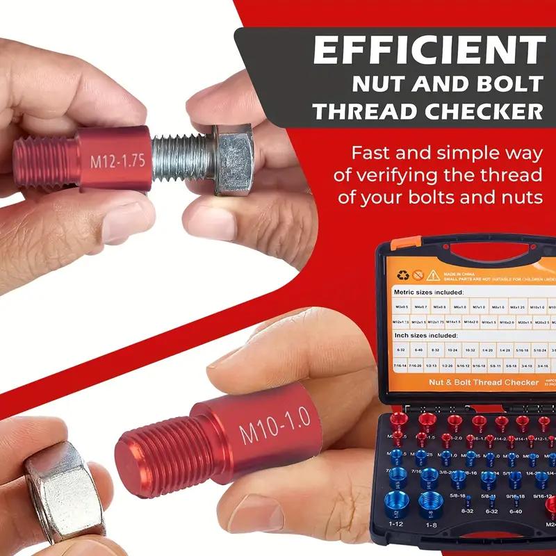 Detachable red and blue labeled thread checker gauges stored in portable case