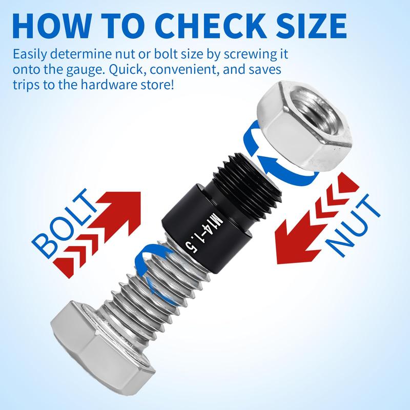 Male and female nut and bolt thread checker gauges identifying an unknown bolt and nut