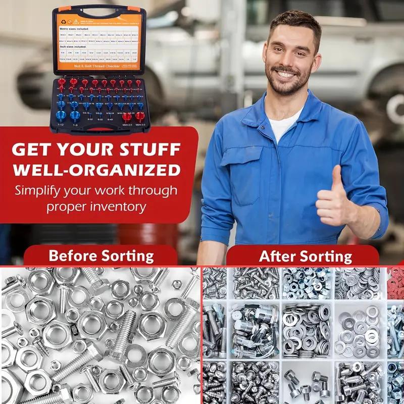Workshop hardware shown before and after sorting with thread checker kit