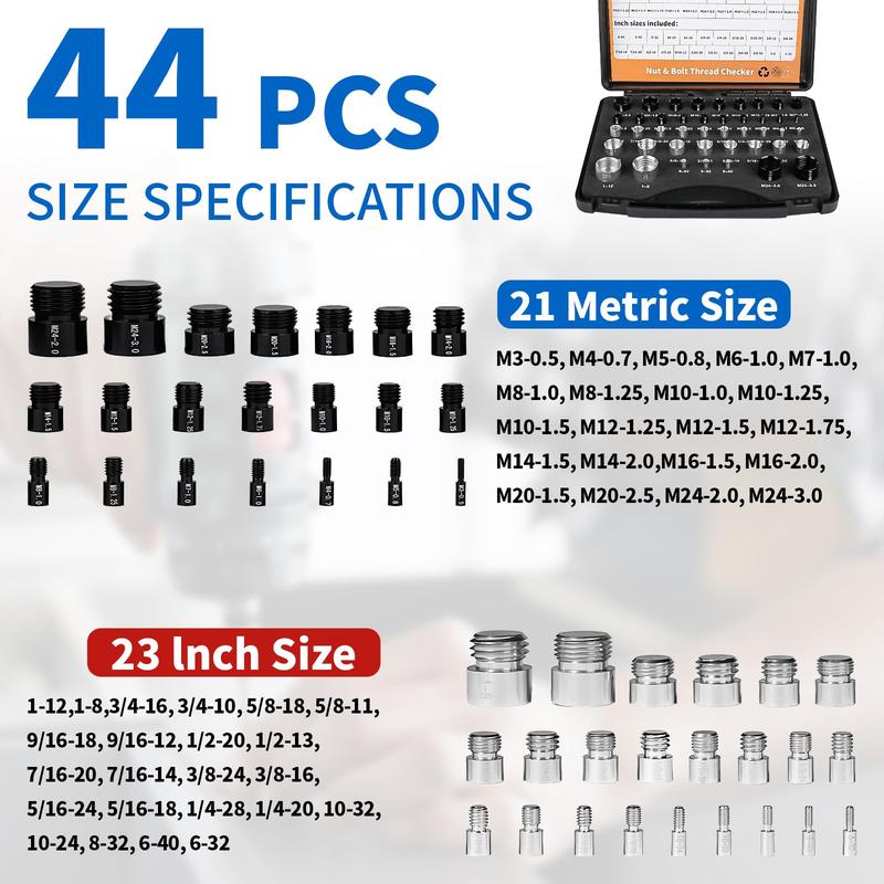 44-piece nut and bolt thread checker showing 21 metric sizes and 23 inch sizes
