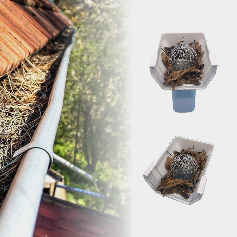 Gutter debris collected around an installed metal downspout guard