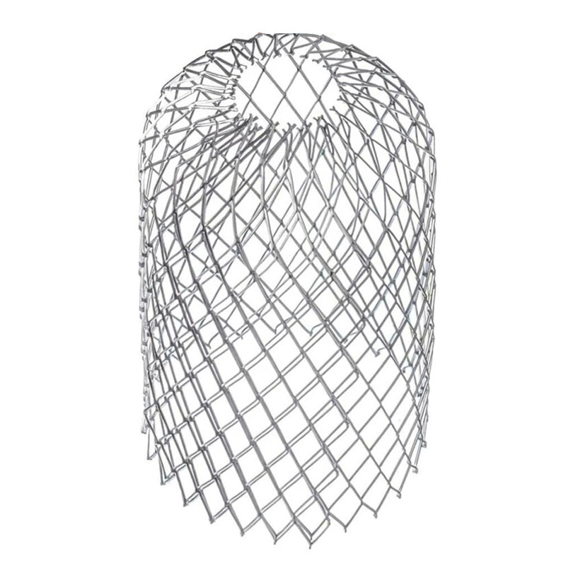 Aluminum alloy expandable mesh downspout guard on a plain background