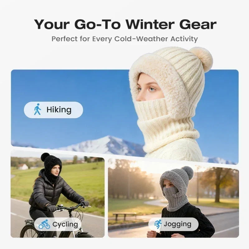 🎉🎁70% OFF!!!-Ready for Winter!!!❄️✨Women 3-in-1 Knitted Balaclava Hat, Fleece Lined Warm Hood Beanie with Scarf & Face Mask, Pom Pom Winter Hat for Outdoor Skiing🧣