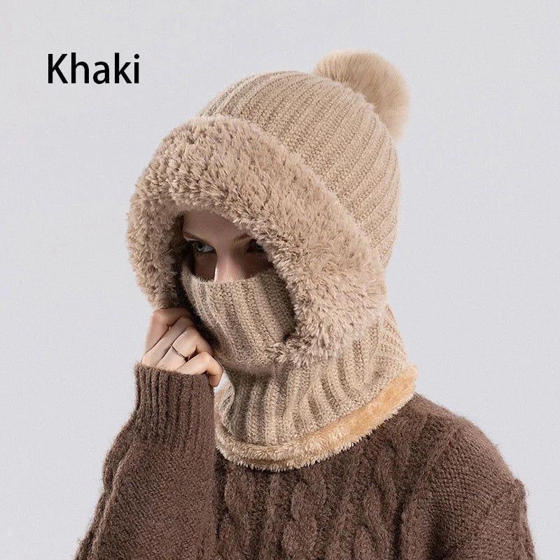 🎉🎁70% OFF!!!-Ready for Winter!!!❄️✨Women 3-in-1 Knitted Balaclava Hat, Fleece Lined Warm Hood Beanie with Scarf & Face Mask, Pom Pom Winter Hat for Outdoor Skiing🧣