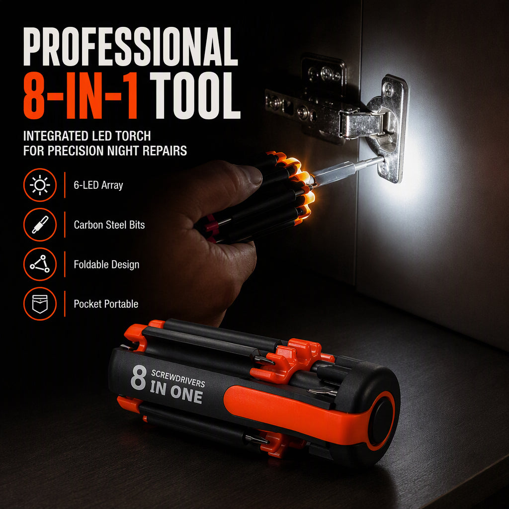 🔧 8-in-1 Folding Screwdriver with Built-In LED Work Light & Flashlight ⚡ – Compact Multi-Bit Repair Tool for Home, Car & DIY Projects 🛠️