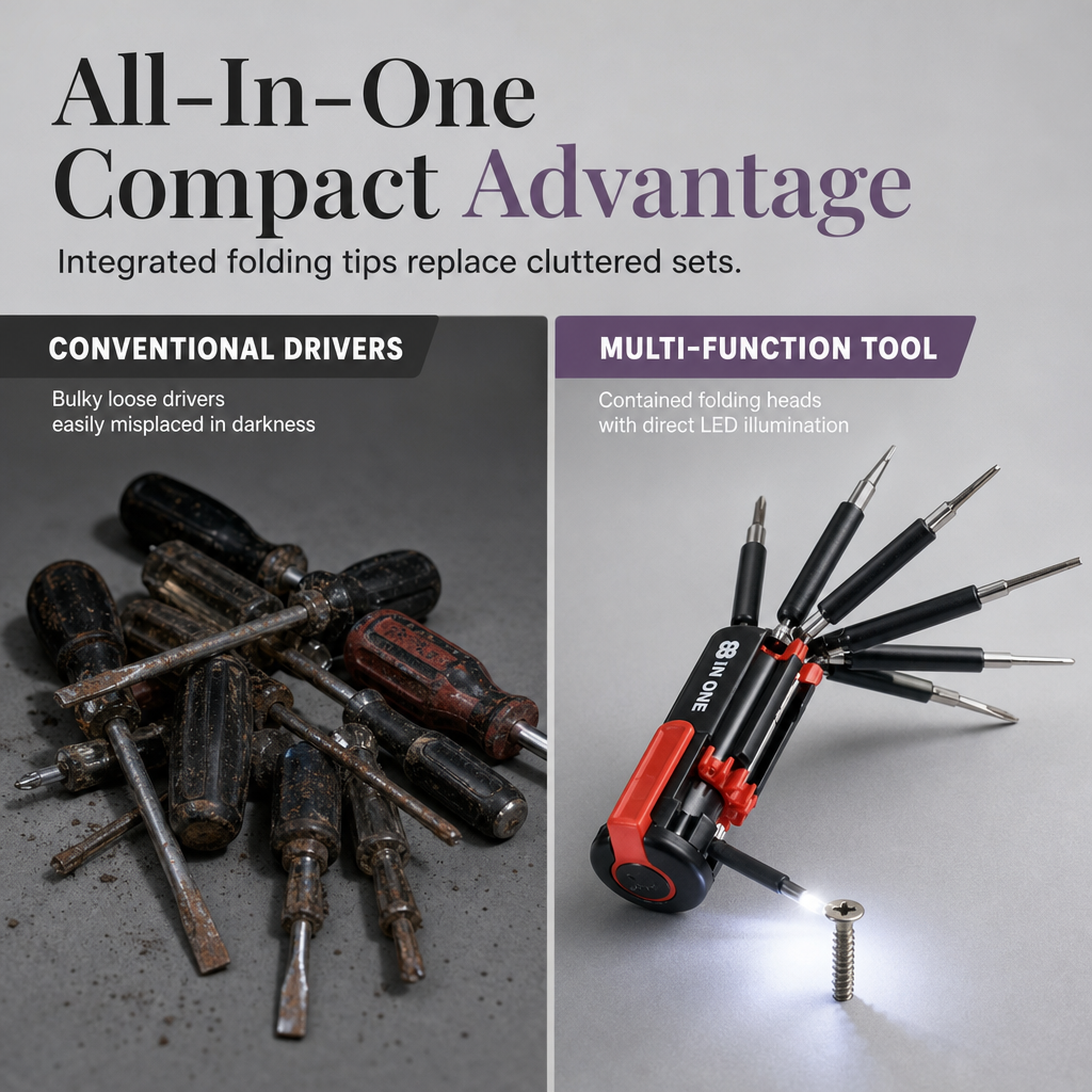 🔧 8-in-1 Folding Screwdriver with Built-In LED Work Light & Flashlight ⚡ – Compact Multi-Bit Repair Tool for Home, Car & DIY Projects 🛠️