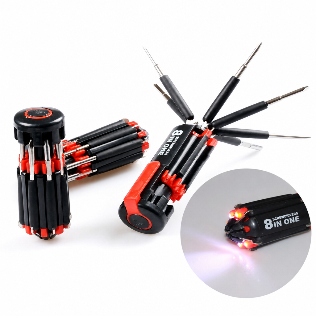 🔧 8-in-1 Folding Screwdriver with Built-In LED Work Light & Flashlight ⚡ – Compact Multi-Bit Repair Tool for Home, Car & DIY Projects 🛠️