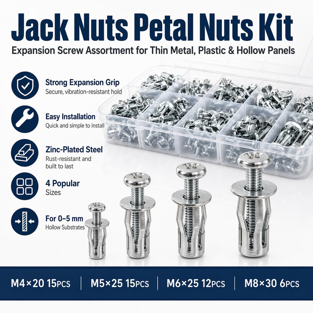 📦 48PCS Jack Nuts Assortment M4/M5/M6/M8 – Petal Nuts for Tin & Billboard