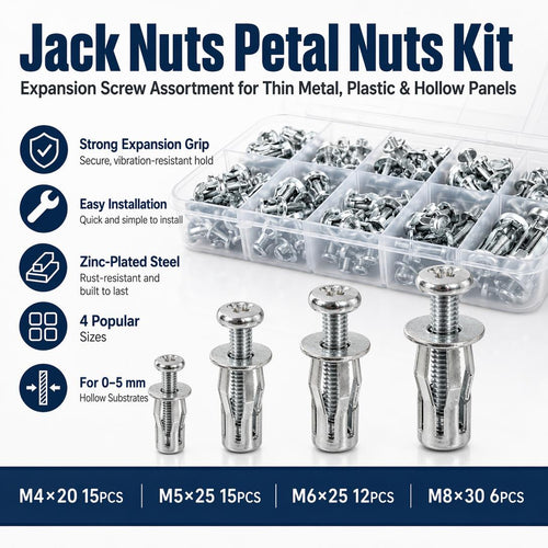 📦 48PCS Jack Nuts Assortment M4/M5/M6/M8 – Petal Nuts for Tin & Billboard
