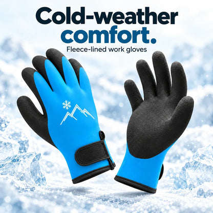 Blue fleece-lined work gloves with illustrative mountain and snowflake emblem, back and palm views