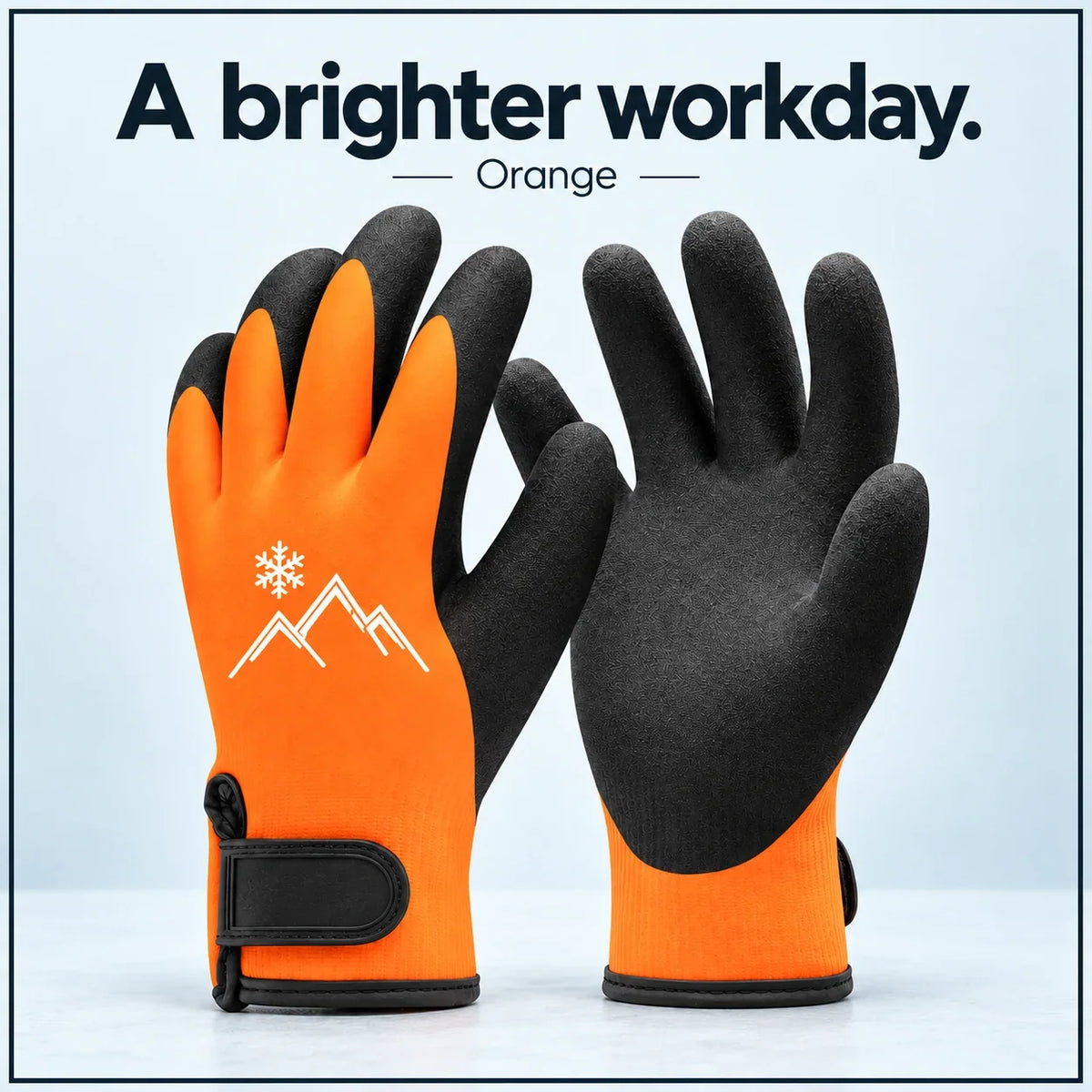 Orange insulated work gloves with illustrative mountain and snowflake emblem