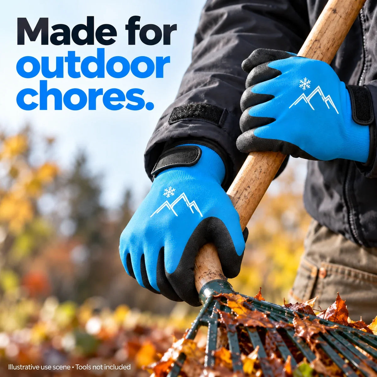 Illustrative outdoor chore scene showing blue gloves holding a rake