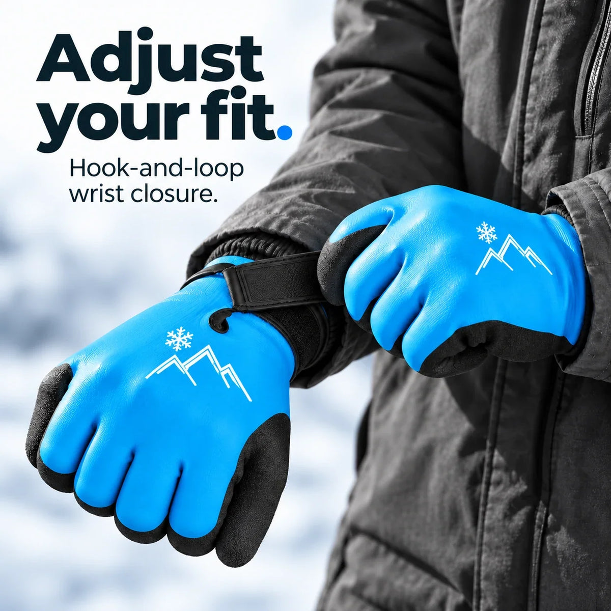 Illustrative close-up of adjustable hook-and-loop wrist fastening