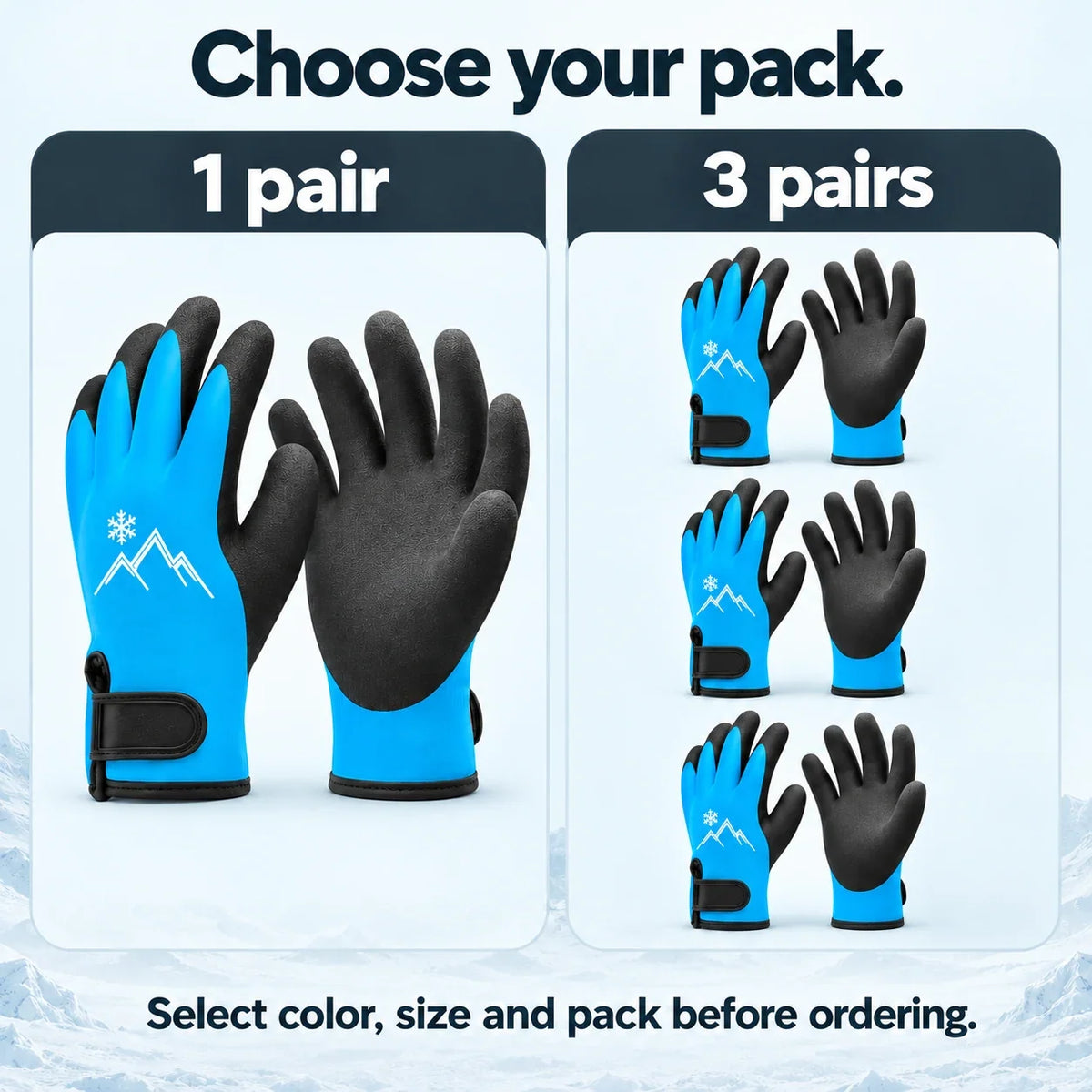 Pack guide showing one pair versus three pairs of gloves