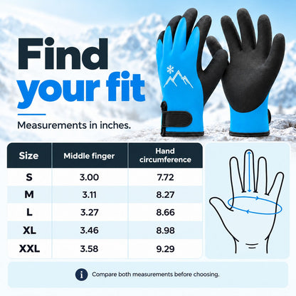 Seller size chart for sizes S to XXL with finger length and hand circumference in inches